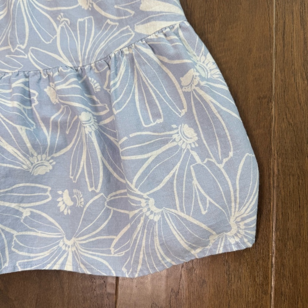 Flirty Floral Blue and White Linen-Blend Mini Dress with Ruffles - Picture 5 of 10